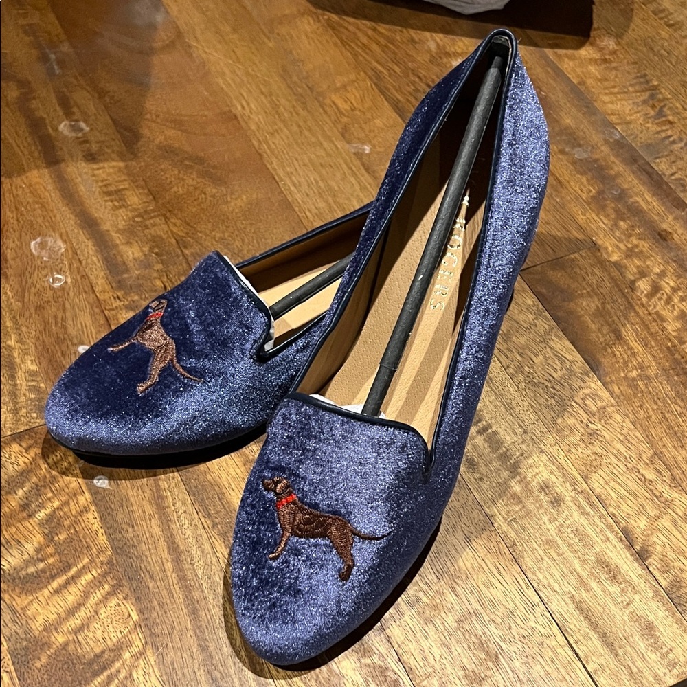 Jack Rogers Navy Velvet Loafers with Embroidered Dog